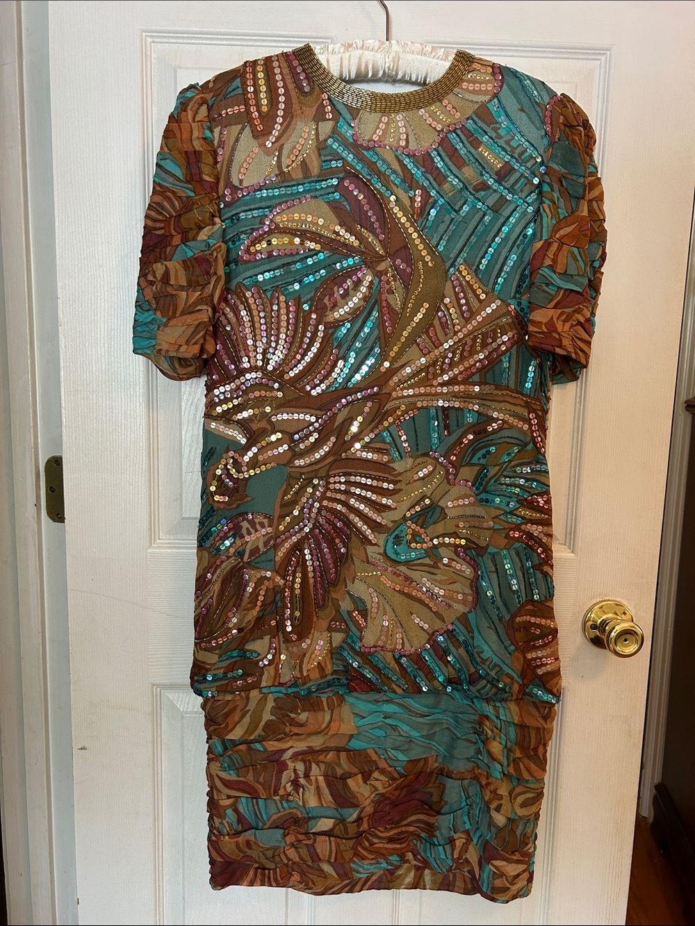 Vintage 80s Sequin Beaded Cocktail Party Dress Teal Blue Brown & Gold XS